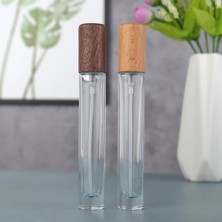 Factory Stock Wood Cover Cosmetic Packaging 10ml Round Rectangle Atomizer Glass Spray Perfume Bottle