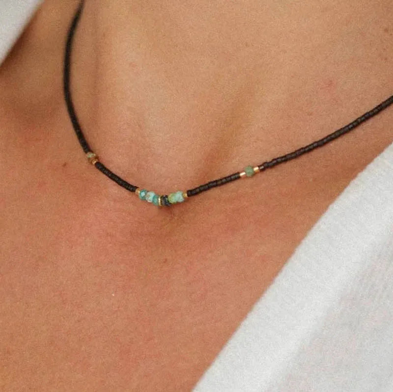 Zooying Dainty Multicolor Natural Stone Beads Miyuki Seedbeads Turquoise Necklace for Women With Stainless Steel Charm