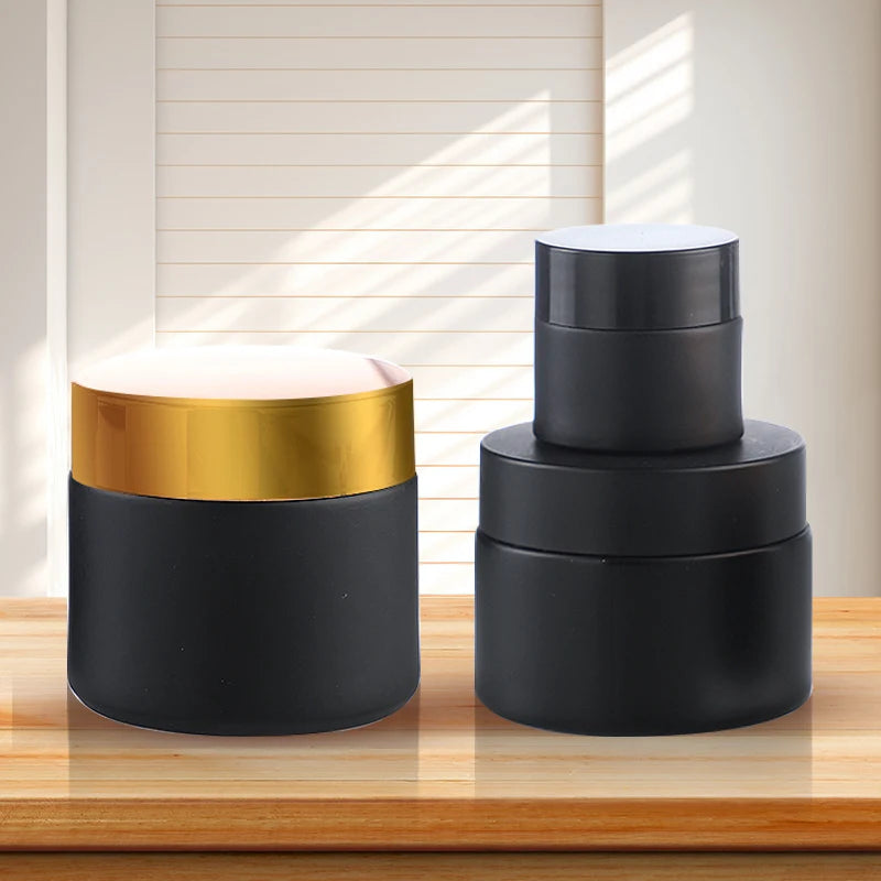 Matte Black Glass Skin Care Jar with Black Gold Lid Capacity for 100ml Eye Cream Lipstick Packaging