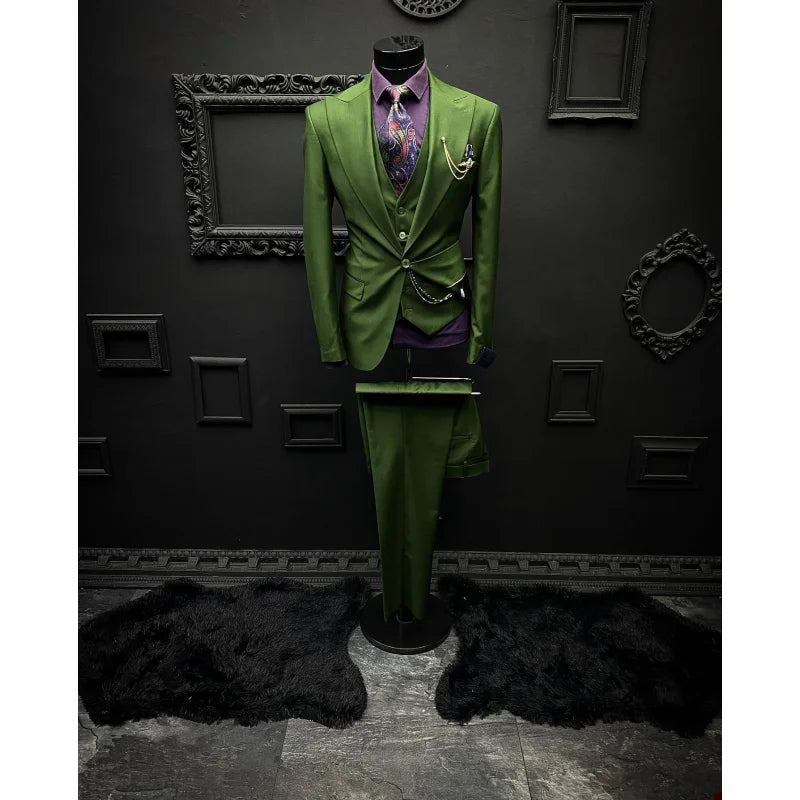 Green Men's Suit 3 Pieces Blazer Vest Pants One Button Tuxedo Business Modern Wedding Groom Costume Homme