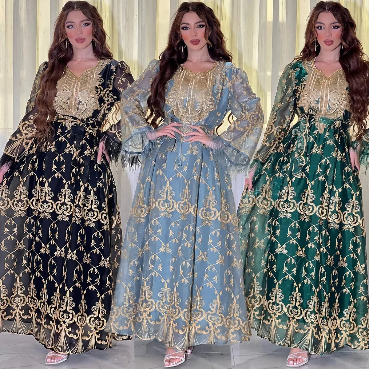 Muslim Ramadan Ethnic Floral Embroidery Beading Feathers Patchwork Long Sleeve V Neck Dress With Sashes Djellaba Abaya SY0176