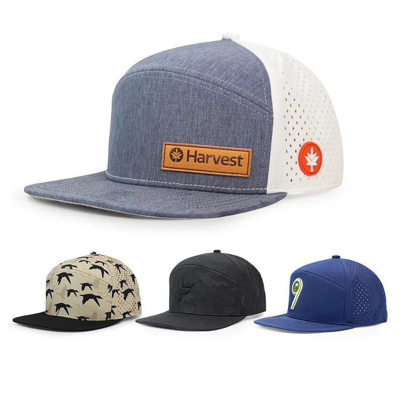HS15 Blank Custom 6 Panel Laser Cut Hole Flat Bill Water Resistant Hats Cap PVC Rubber Patch logo Waterproof Snapback Hat