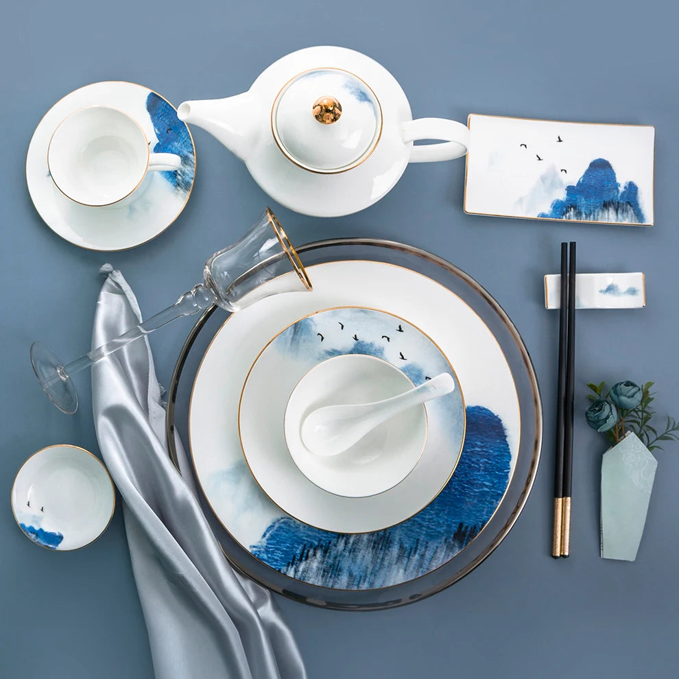 High Quality New Bone China Dinnerware Set Modern White with Blue Porcelain Platter Eco-Friendly and for Weddings