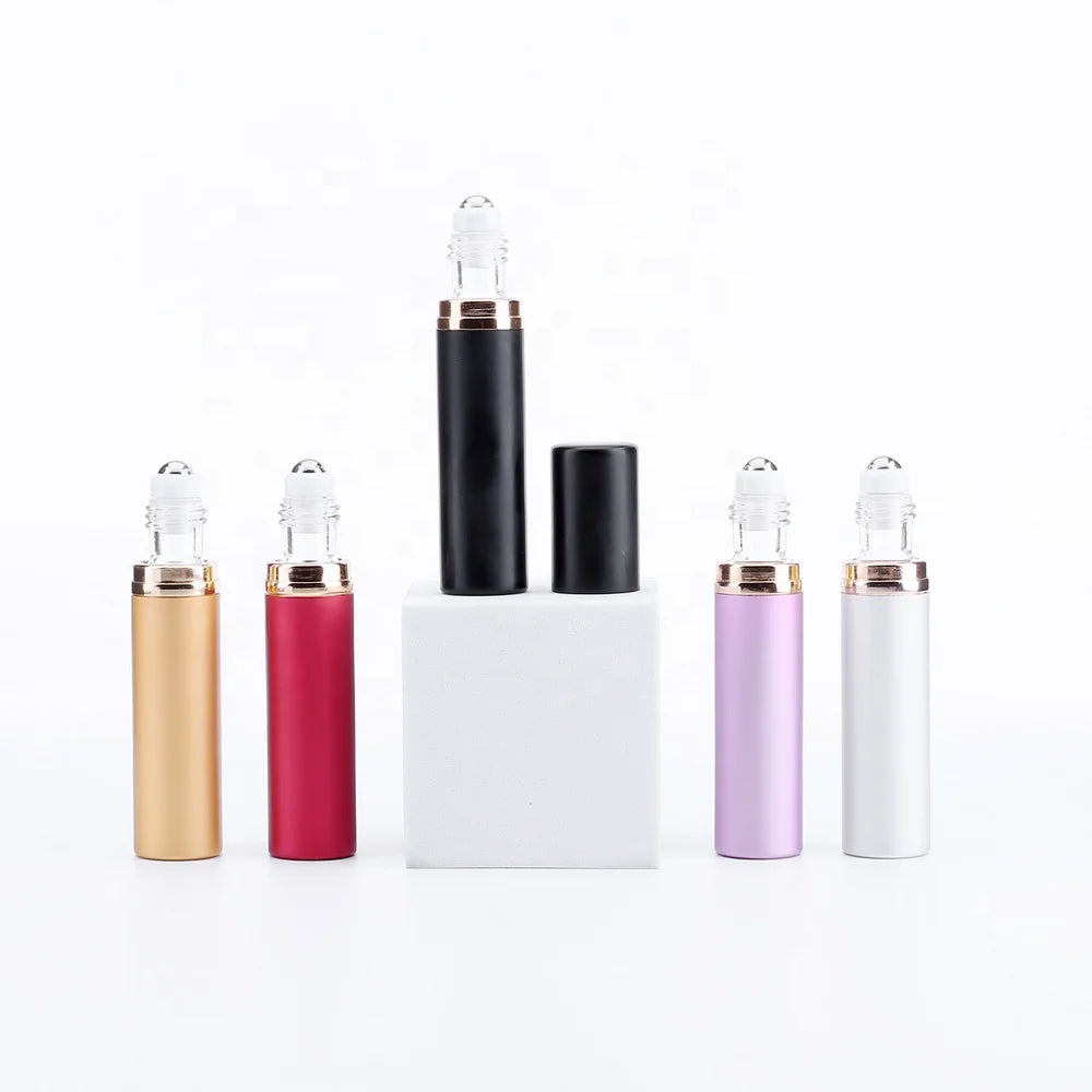Empty Essential Oil Roller Bottle Container Travel Pocket 5ml Glass Roll on Perfume Aluminum Case Bottle with Metal Ball