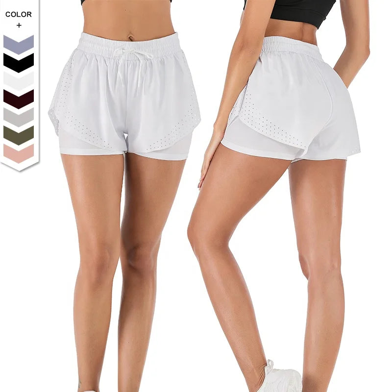 Women Sportive Yoga Pants Shorts Drawstring Waist Sports Shorts Woman Gym Plus Size 2 in 1 Running Shorts