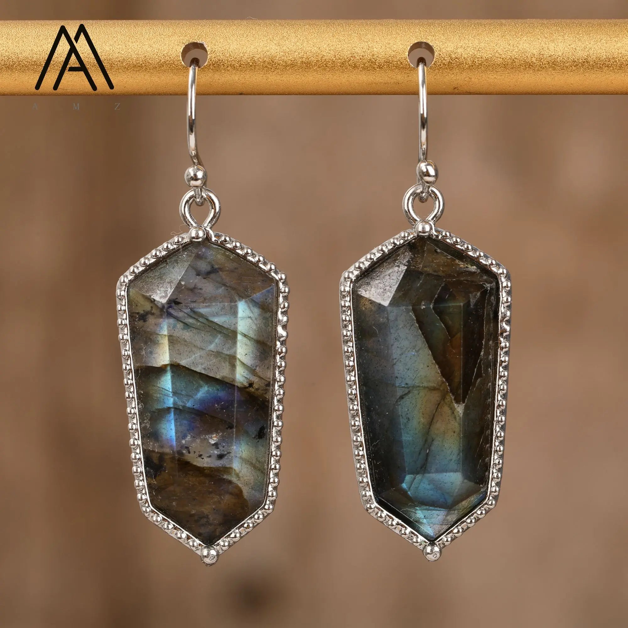 Fashion Crystal Silver Hook Earrings Natural Labradorite Amethyst Healing Hexagonal Pendant for Wedding or Gift Wholesale