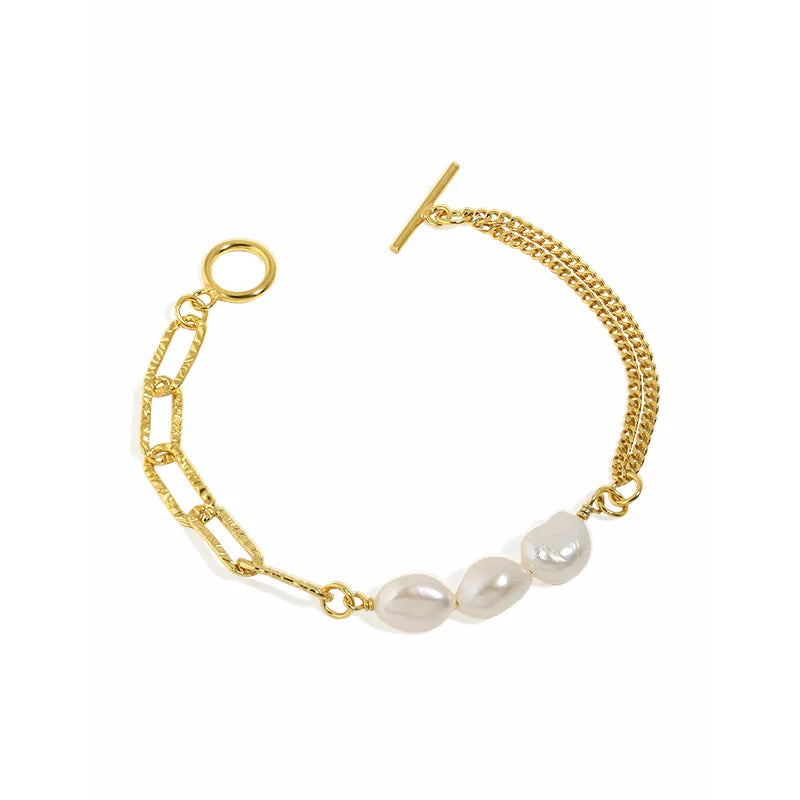 Hammered Sterling Silver Paperclip Link Chain and Fresh Water Baroque Pearls Handmade Link Bracelet SilverJewelry Bracelets