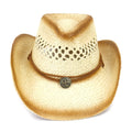Adjustable Outdoor Cowboy Straw Hat with Custom Cutout Metal Logo Sun Protection Drawstring Feature for Parties and Travel