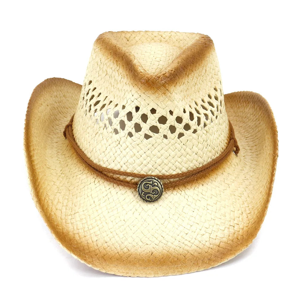 Adjustable Outdoor Cowboy Straw Hat with Custom Cutout Metal Logo Sun Protection Drawstring Feature for Parties and Travel