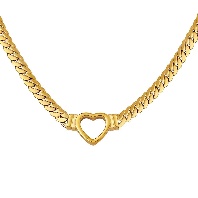 2022 Fashion New Stainless Steel 18K Gold Hip Hop Personality Punk Exaggerated Cuban Chain Heart Ring Necklace