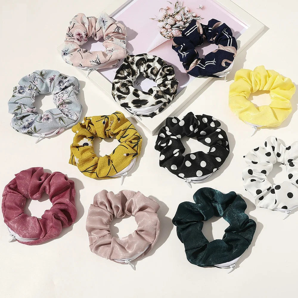 Velvet Flamingo Print Spot Stripe Leopard and Pure Satin Silk Fabric Zipper Pocket Elastic Hair Scrunchies Hair Tie