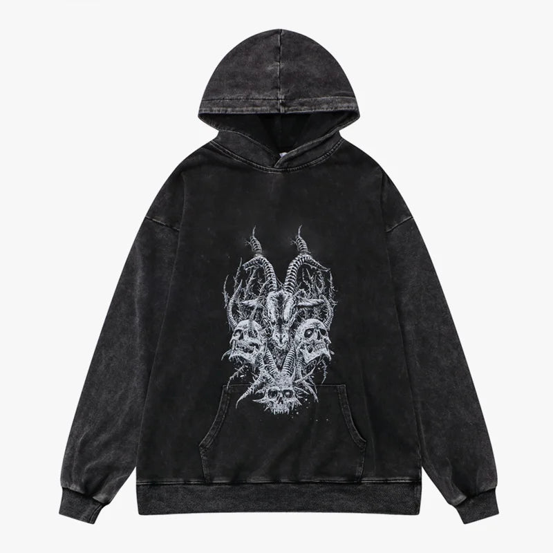 Factory Custom Heavy Hoodie Custom Dark Grey Wash Acid Hoodie Graphic Skull Hoodies for Men
