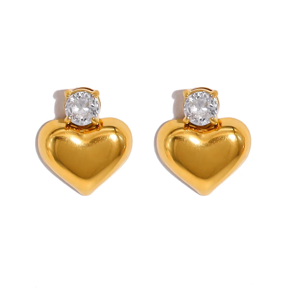 Stainless Steel 18k Gold Plated Smooth Heart Shaped Zircon Waterproof Women Earrings YF3991