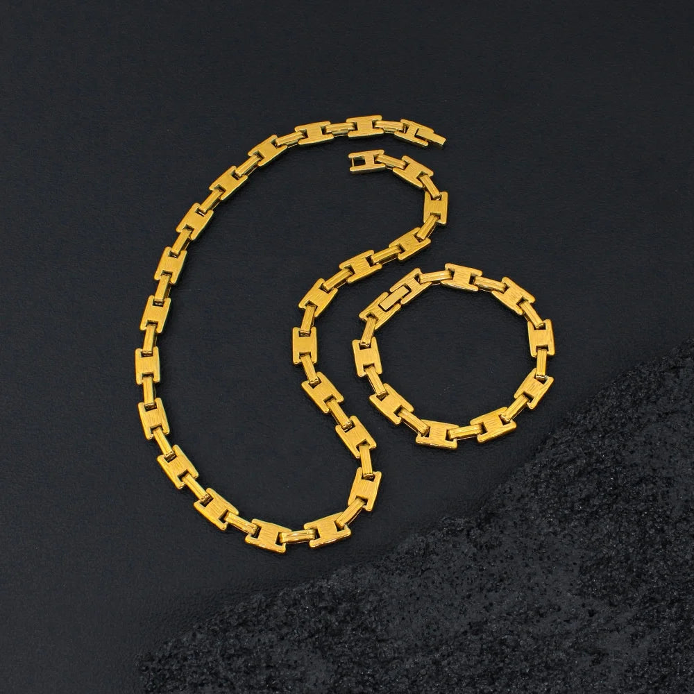 Tarnish Free Fashion Jewelry Set 18K Gold Stainless Steel Thick Flat H-shape Chain Link Necklace Bracelet Jewelry Sets for Women