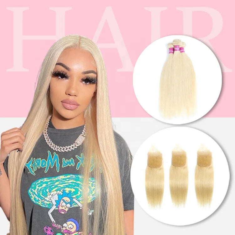 Brazilian Honey Blonde 613# Human Hair Extension 4x4 Lace Frontal Closure Perruques 613 Cuticle Aligned Hair 4*4 HD Lace Closure