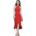 Elegant Red Halter Neck Off Shoulder Evening Party Dress Backless Asymertic Hem Dress