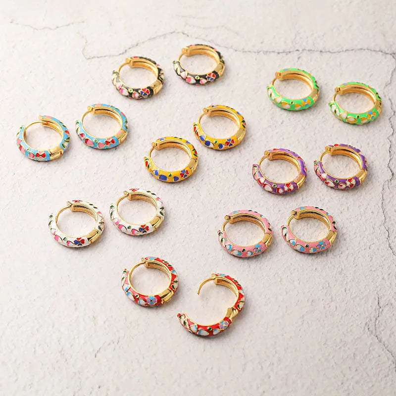 Boho Style Fresh Sweet Colorful Drop Oil Flower Earrings Ethnic Style Enamel Hoop Earrings for Women