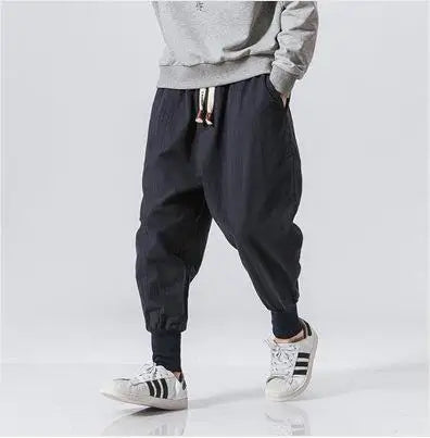 M-5XL New Men's Cotton Hemp Chinoiserie Casual Pants Japanese Large Loose Banded Casual Streetwear Pants