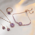 18K Gold Plated Stainless Steel Round Purple Crystal Pendant Necklace for Women Zircon Rotatable Necklace Ring Earring Bracelet