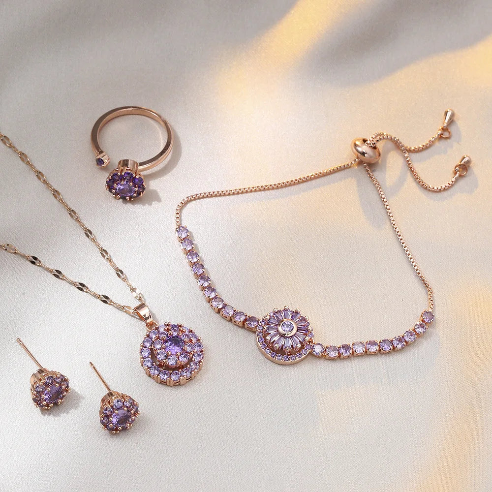18K Gold Plated Stainless Steel Round Purple Crystal Pendant Necklace for Women Zircon Rotatable Necklace Ring Earring Bracelet