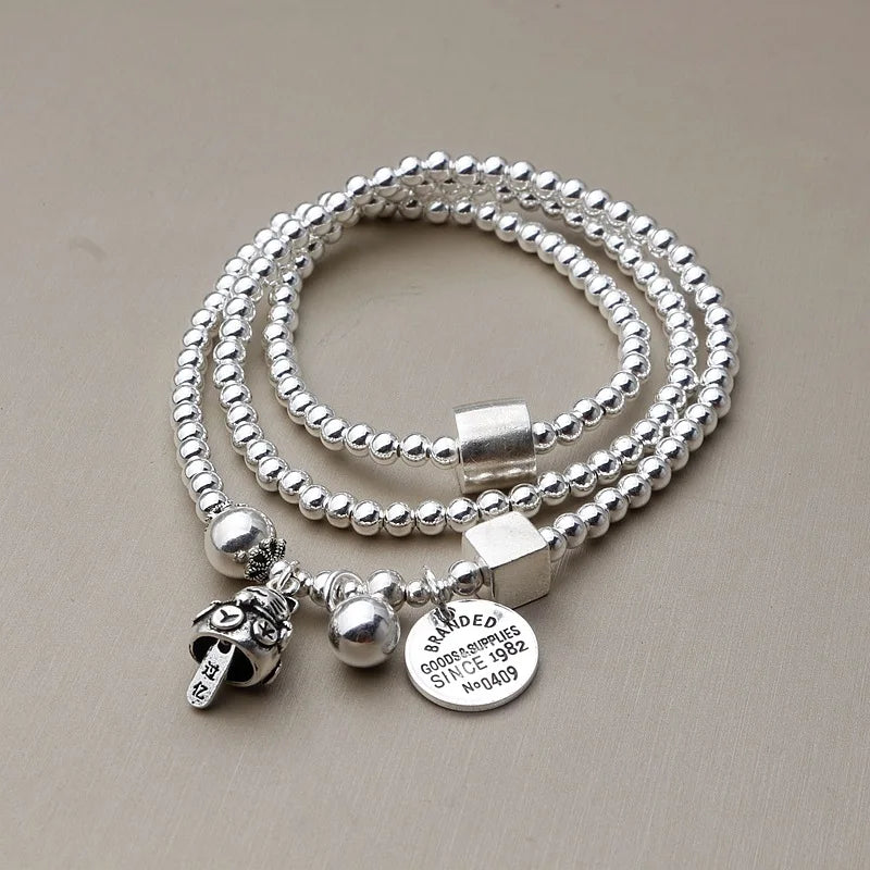 Solid 925 Sterling Silver Beads Multi Layers Custom Brand Engraved Disc Cat Charm Bracelet for Women