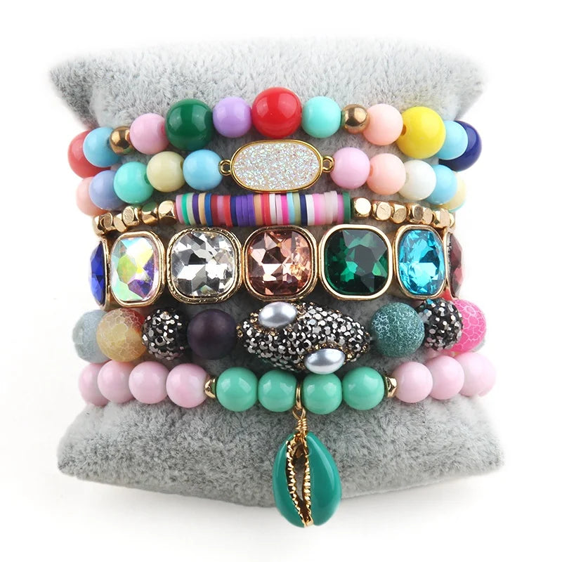 Women Jewelry 6pc Elastic Natural Stone Colorful Acrylic Polymer Clay Crystal Glass Bracelet Shell Pendant Stack Bracelets Set