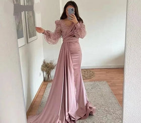 S7950F New V -neck Luxury Long -sleeved Banquet Can Make Elegant Dresses Women Evening Party Dress Sequin