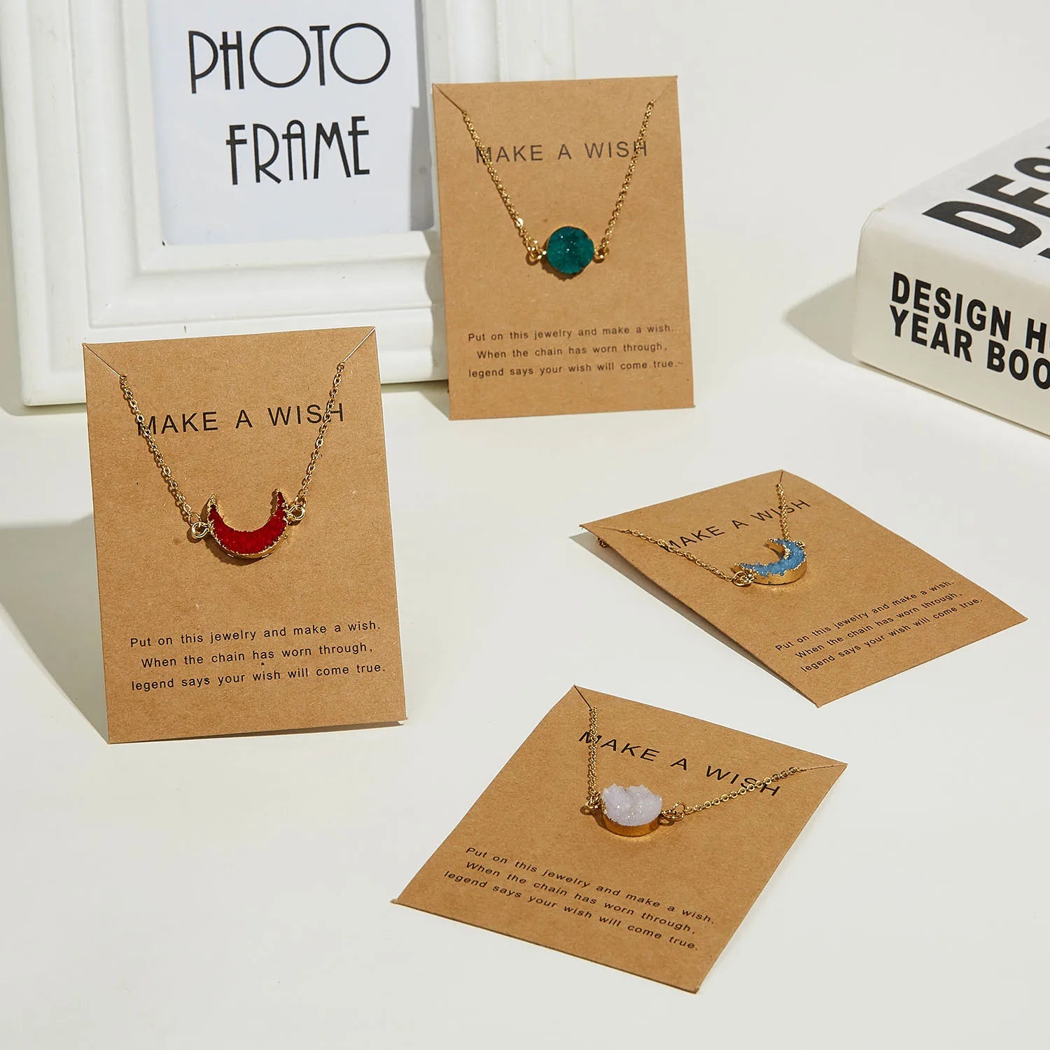 Lucky Make a Wish Card Imitation Natural Stone Resin Druzy  Round Moon Pendant Necklace Friendship Fine Jewelry
