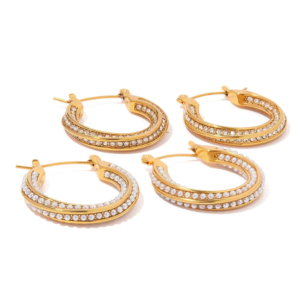 Hot Selling U Shape Stainless Steel Hoop Earrings Waterproof Gold Plated Big Huggie Earrings for Women Popular Pearls Earrings