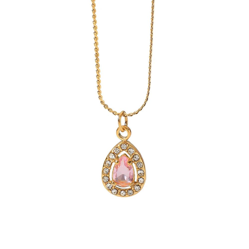 Customized Novel Simple Stainless Steel 18K Gold Plated Dainty Pink Cubic Zircon Water Drop Pear Pendant Necklace for Women