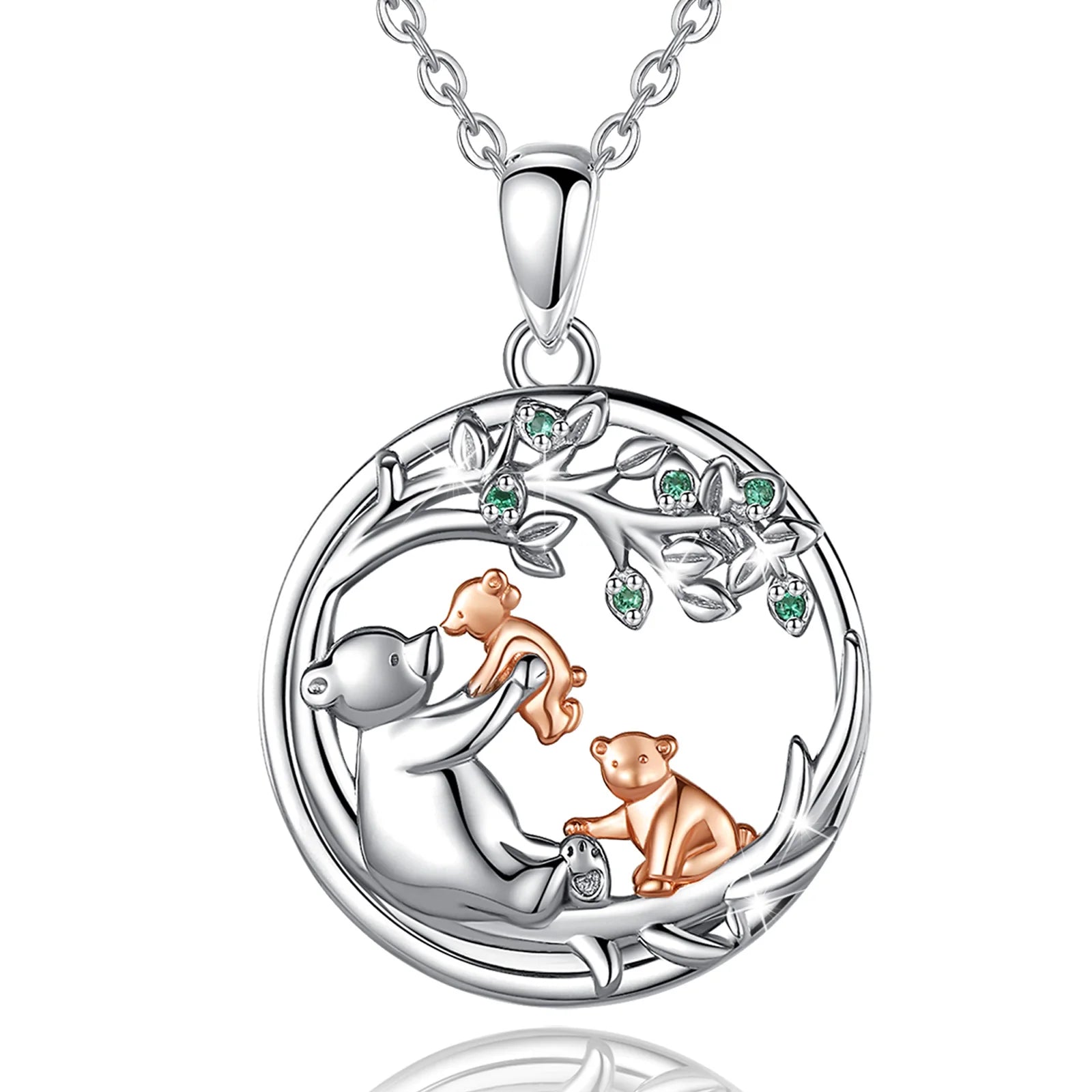 Changda Waterproof 925 Sterling Silver Woman Tree of Life Zirconia Teddy Mama Bear Pendant Chain Necklace