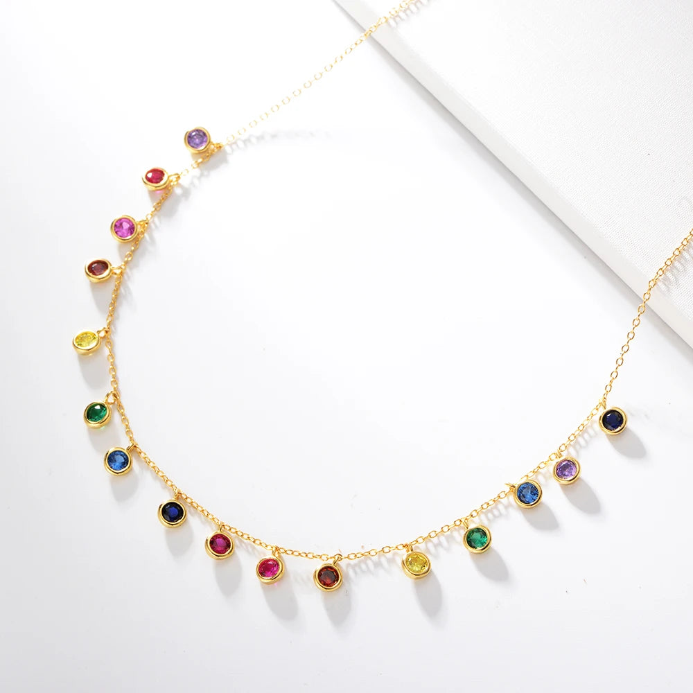 Fulsun Women Rainbow Zirconia 925 Sterling Silver 14K Gold Plated Adjustable Chain Charm Fashion Chokers Necklaces