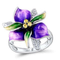 Huitan 2026 Silver Plating Ring Purple Enamel Zircon Crystal Ring Delicate Bague Party Big Flower Rings for Women
