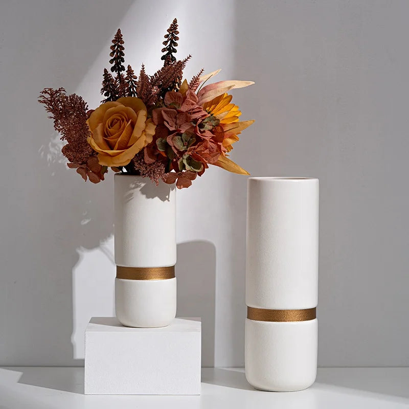 Modern Minimalist Ceramic Gilded Medium Vase Table Decoration Matte White Vase