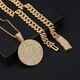 Hot Sale Hiphop Iced Fashion Alloy Crystal Jewelry Number 7 Octopus Star Shape Pendant With Chain Necklace Set