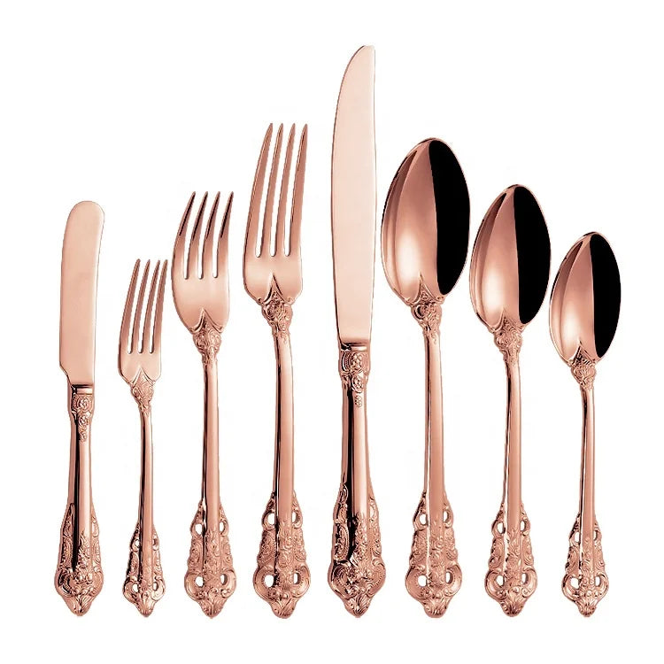 Royal Vintage 304 Flatware Embossment Rose Gold Knife Fork Spoon Silverware Stainless Steel Luxury Cutlery Set