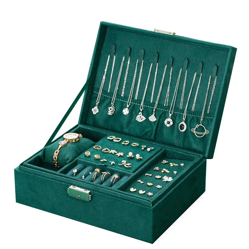 New Green 3-Layer Flannel Jewelry Organizer Box  Earrings Rings Display Holder Case for Wome