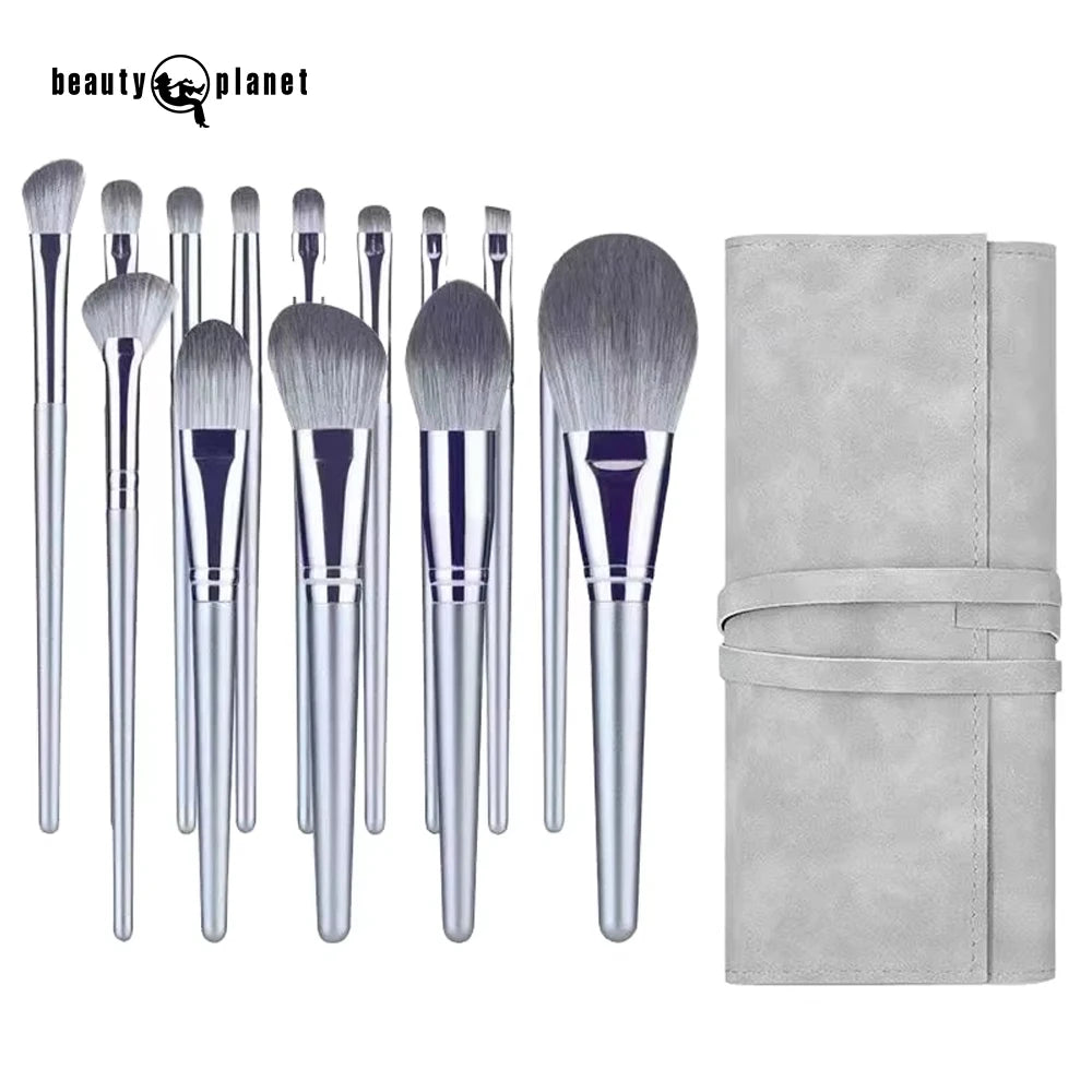 Beauty Planet 14pcs Silver Vegan Synthetic Hair Makeup Brushes Set Wood Custom Eye Makeup Concealer Powder Brush Set With Bag