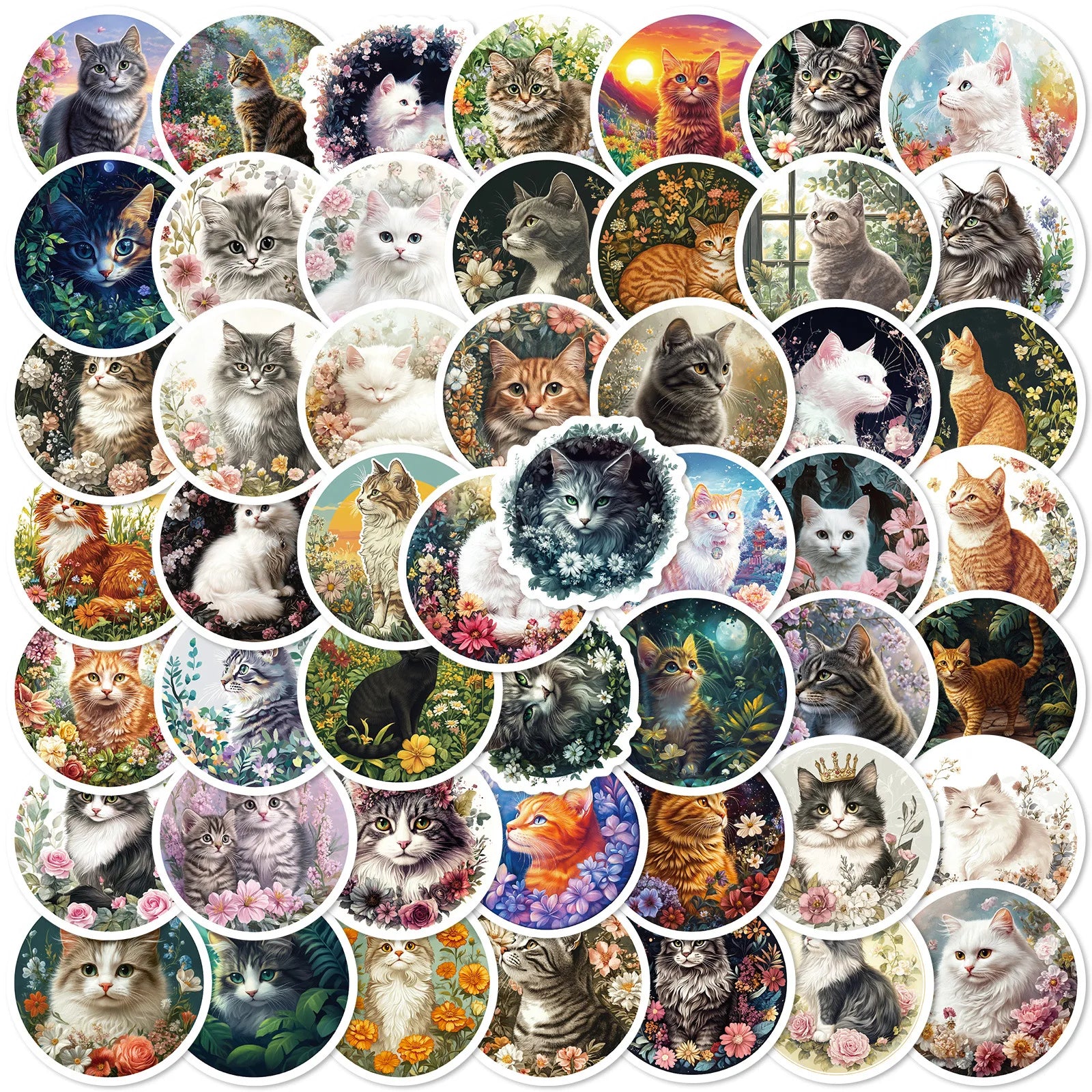 50PCS Round aesthetic vintage cat sealing label