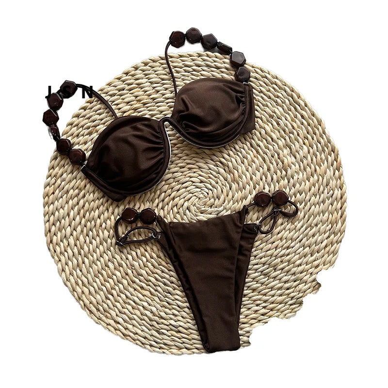 SZJSN-13081 Newly Design Ladies Customized Design Two Piece Swimwear Bikini Solid Color Hard Wire Two Piece Bikini