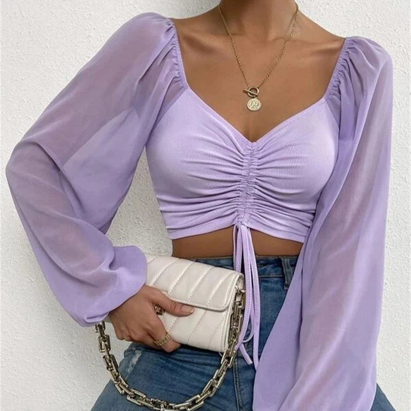 King Mcgreen Star Women Blouse Square Shirring Ribbed Exposed Lantern Long Sleeve Pullover Top Club Wear Tank Tops