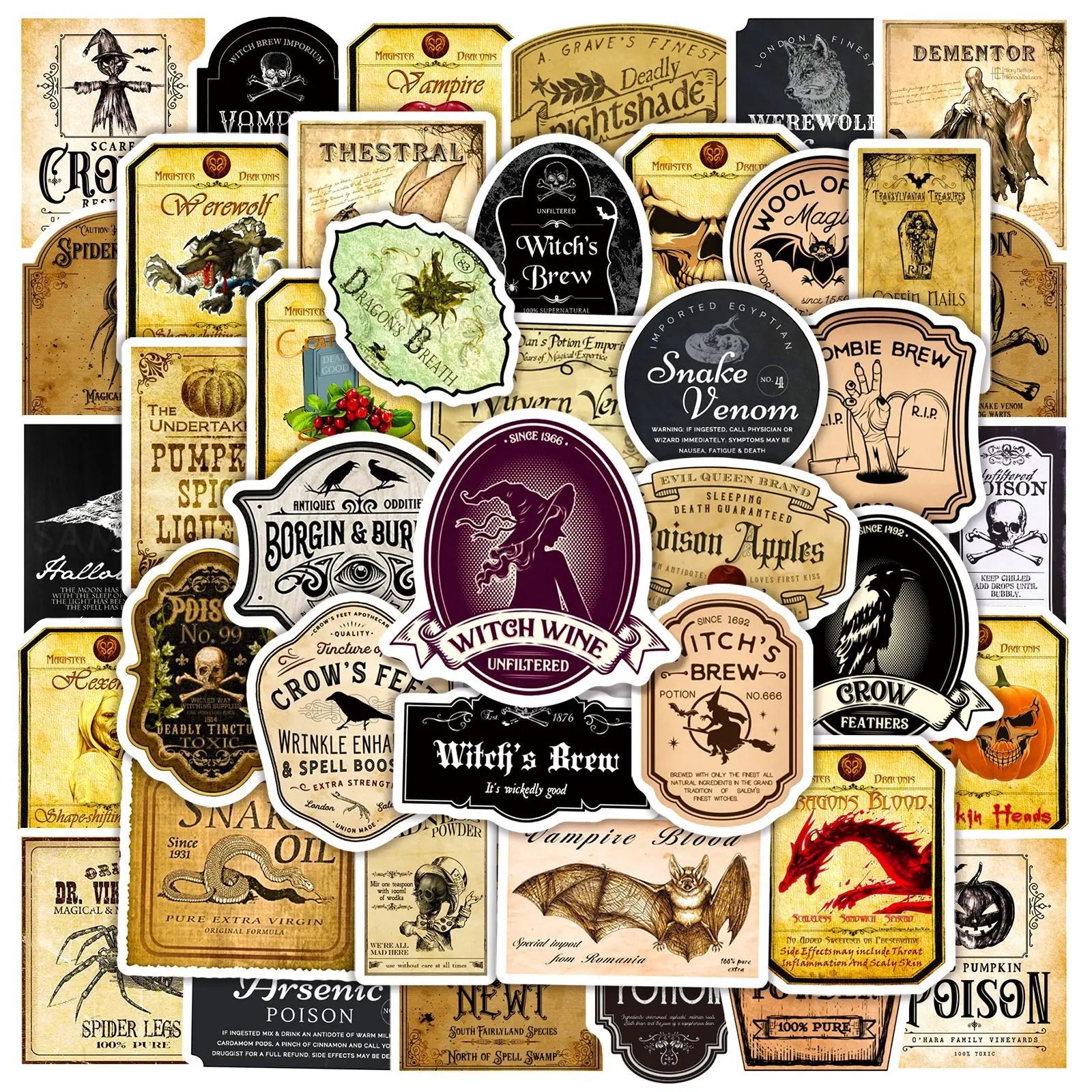 50PCS Horror movie zombie ghost skeleton wild animals postage stamp vintage bronze journal sticker