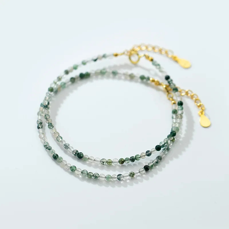Tiny 2mm Handmade Natural Aquatic Agate 925 Sterling Silver Crystal Beaded Adjustable Bracelet