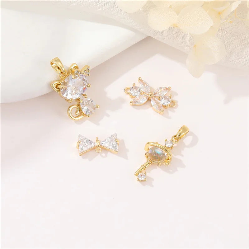 Wholesale Cute 14K Gold Plated Zircon Animal Cat Pendant Bow Key Eye Stone Charm Necklace Bracelet Jewelry Making Accessories