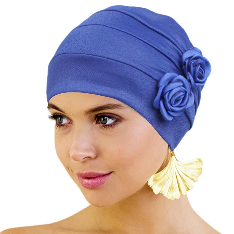 Wholesale Women Turban With Double 3D Flower Hair Accessory Ladies