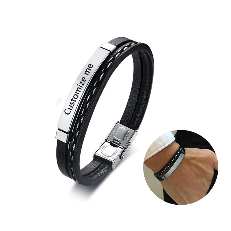 Personalized Engraved Mens Leathers Bracelet Multi Layer Braided Leathers Wristband Custom Text Stainless Steel Bar ID Bracelet MegaBDM