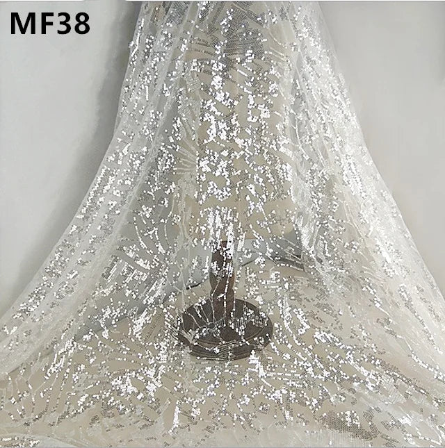 High Quality Luxury Sequin Mesh Embroidery White French Wedding Mesh Flare Lace Fabric
