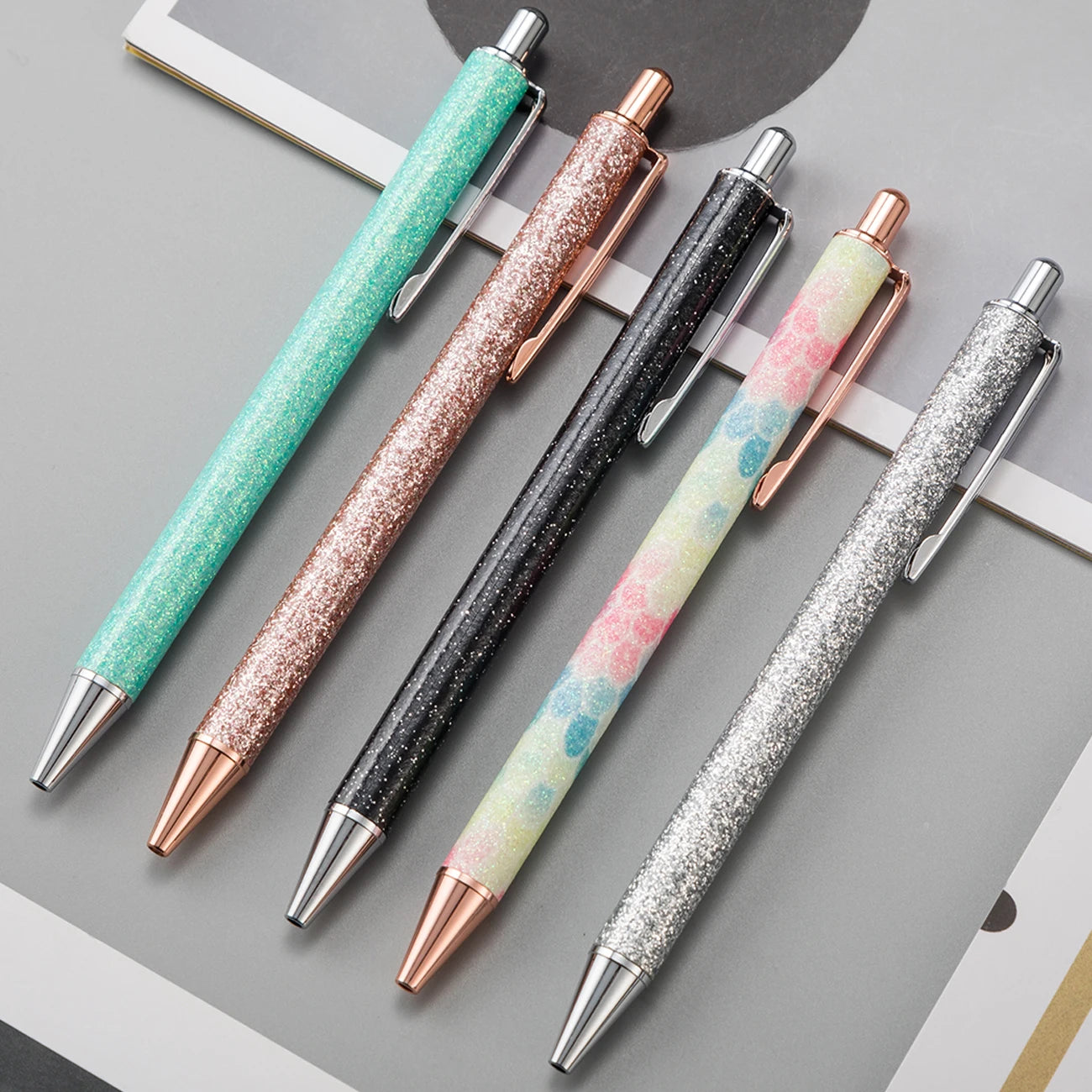 Ballpoint Pens Metal Retractable Fansy pink Pen Black Ink Glitter Rose Gold Click Custom Cute Pens with logo for School Boligraf