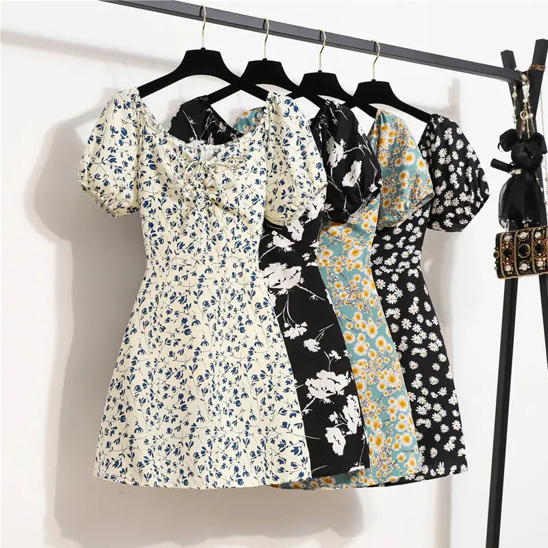 Women's Mini Casual Dresses Summer Beach Floral Printed Shirring Pleated Elegant Short Puffy Sleeve Dress Korea Female Vestidos