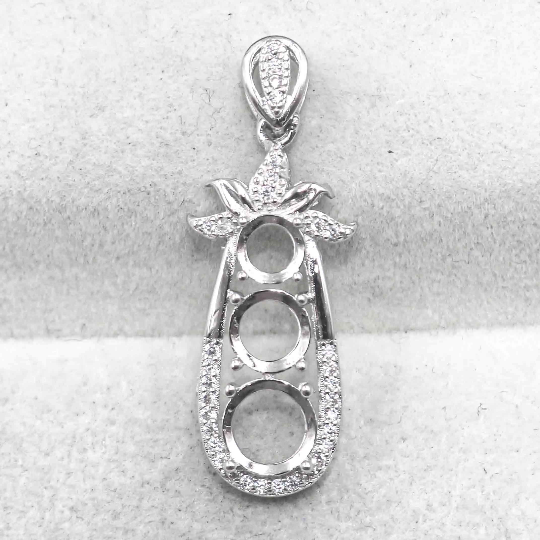 Sterling Silver 5mm+6mm+7mm Semi Mount Pendant Empty Frame Blank Support Setting S925 Base Without Center Stone for DIY Inlay